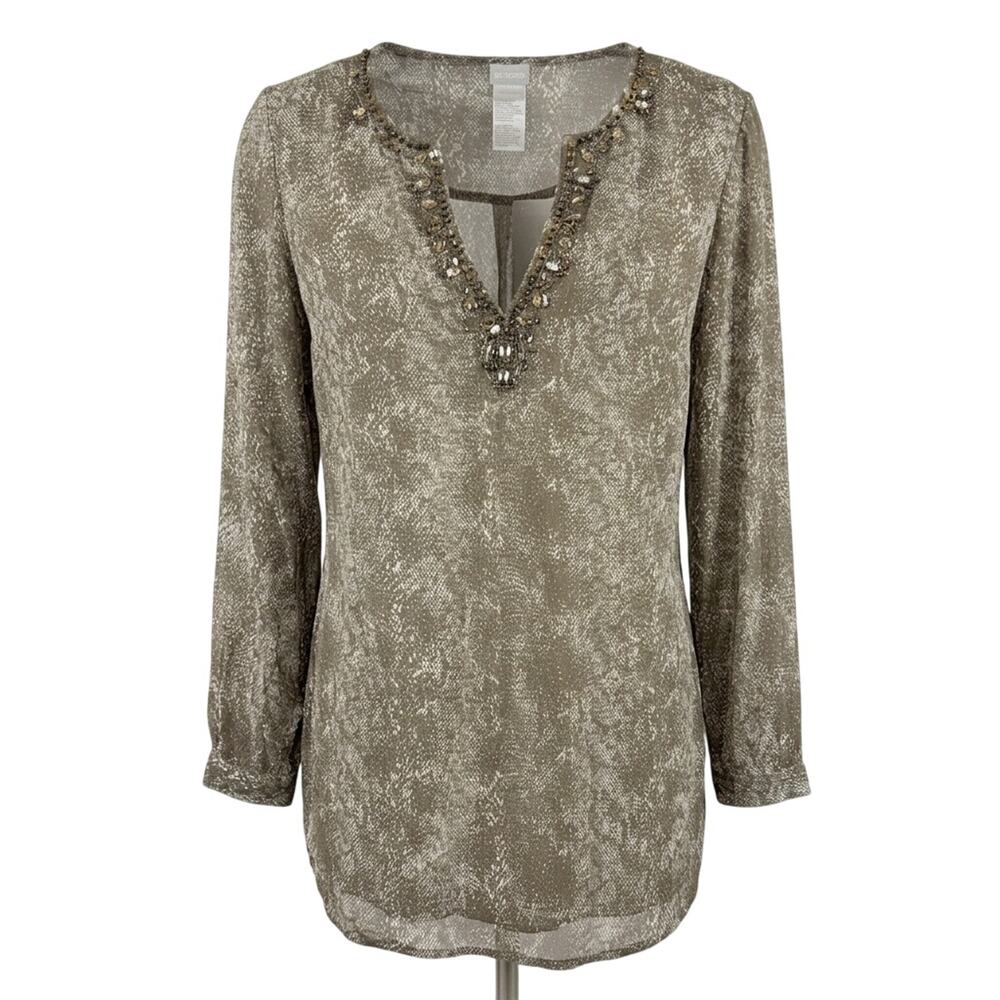 Chico's Embellished Chiffon Tunic Top Size 0 S Snake Print Mountain Stone NWT